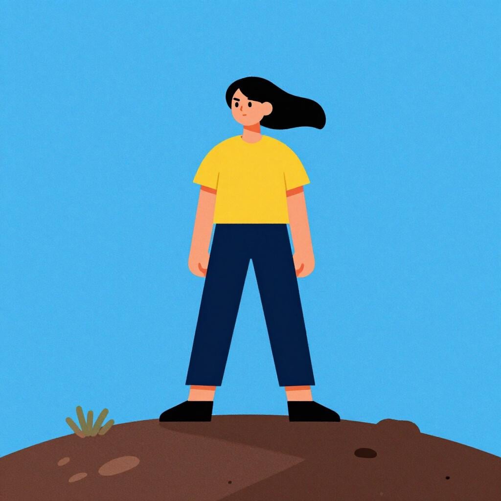 A brave person standing tall and firm with their feet planted wide, facing a large, gusty wind without moving.