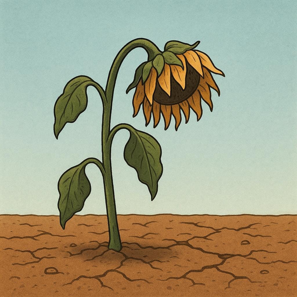 A lone, visibly wilted sunflower drooping its heavy head in a patch of dry, cracked earth, illustrating distress from lack of water.