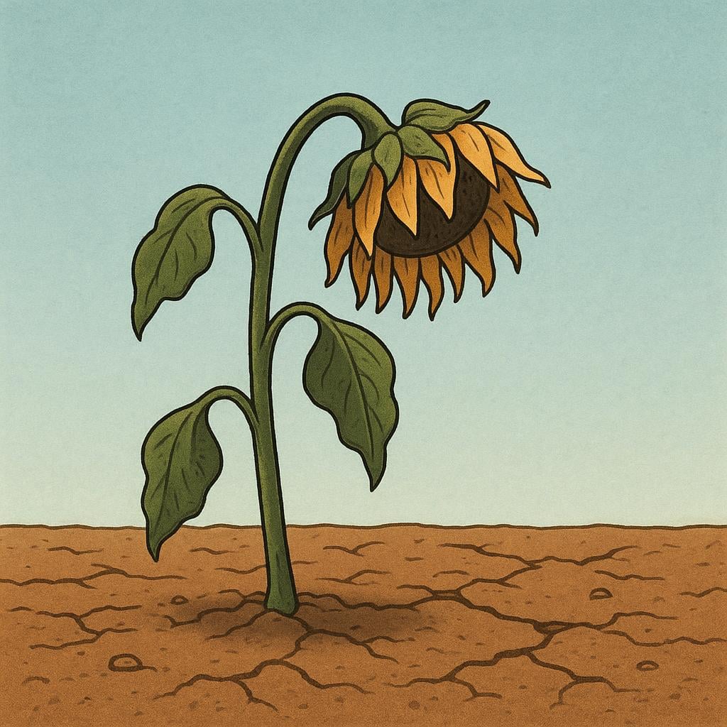A lone, visibly wilted sunflower drooping its heavy head in a patch of dry, cracked earth, illustrating distress from lack of water.