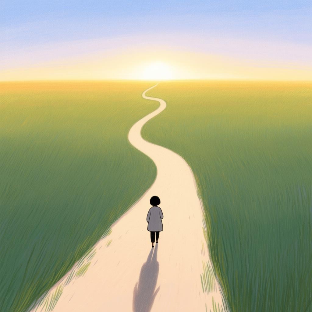 A small figure walking away into the distance on a long, winding path toward a bright horizon, illustrating the concept of having 'gone'.