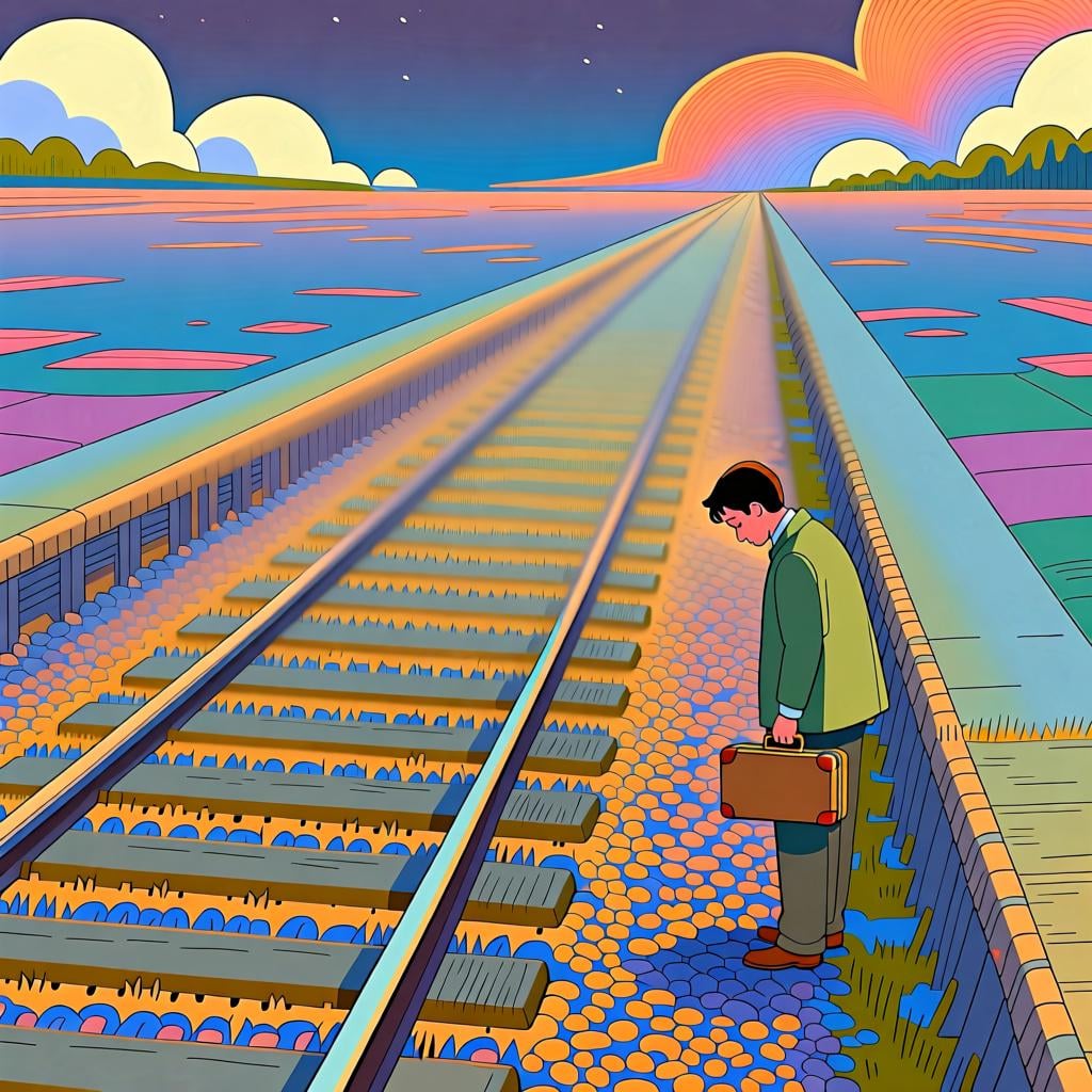 A person standing alone on an empty train platform looking down the empty tracks, signifying waiting for the next arrival after the previous one has departed.