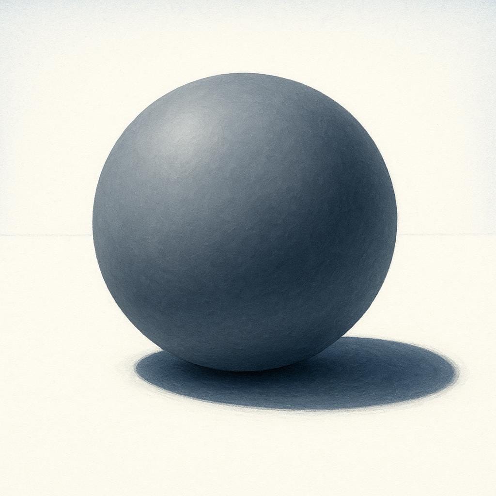 A gigantic, perfectly smooth, solid gray sphere sitting on a flat, white surface, illustrating density and physical mass.