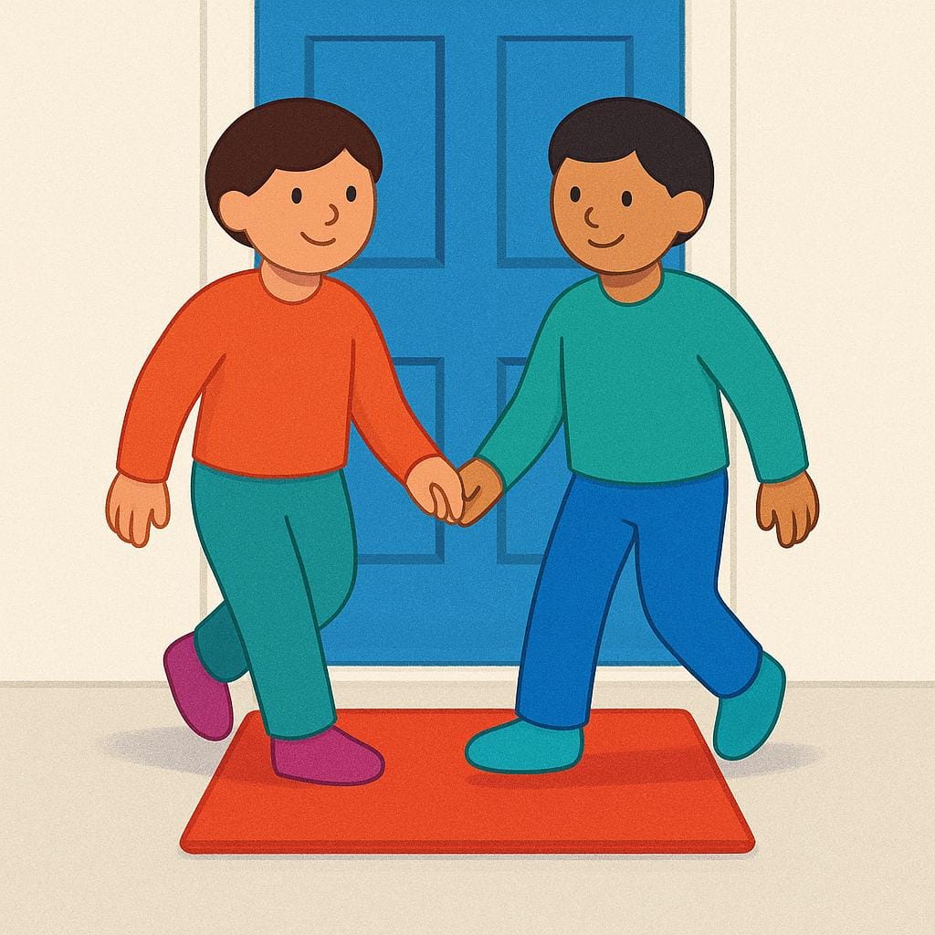 Two friends, shown from the waist down, stepping simultaneously onto a red welcome mat at the entrance of a brightly colored blue door, signifying their current arrival.