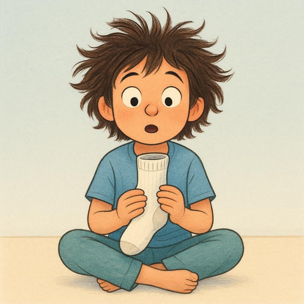 A storybook illustration of a person sitting on the floor, intently staring at a single sock held in their hands with a distressed expression, depicting an irrational or disturbed state of mind.