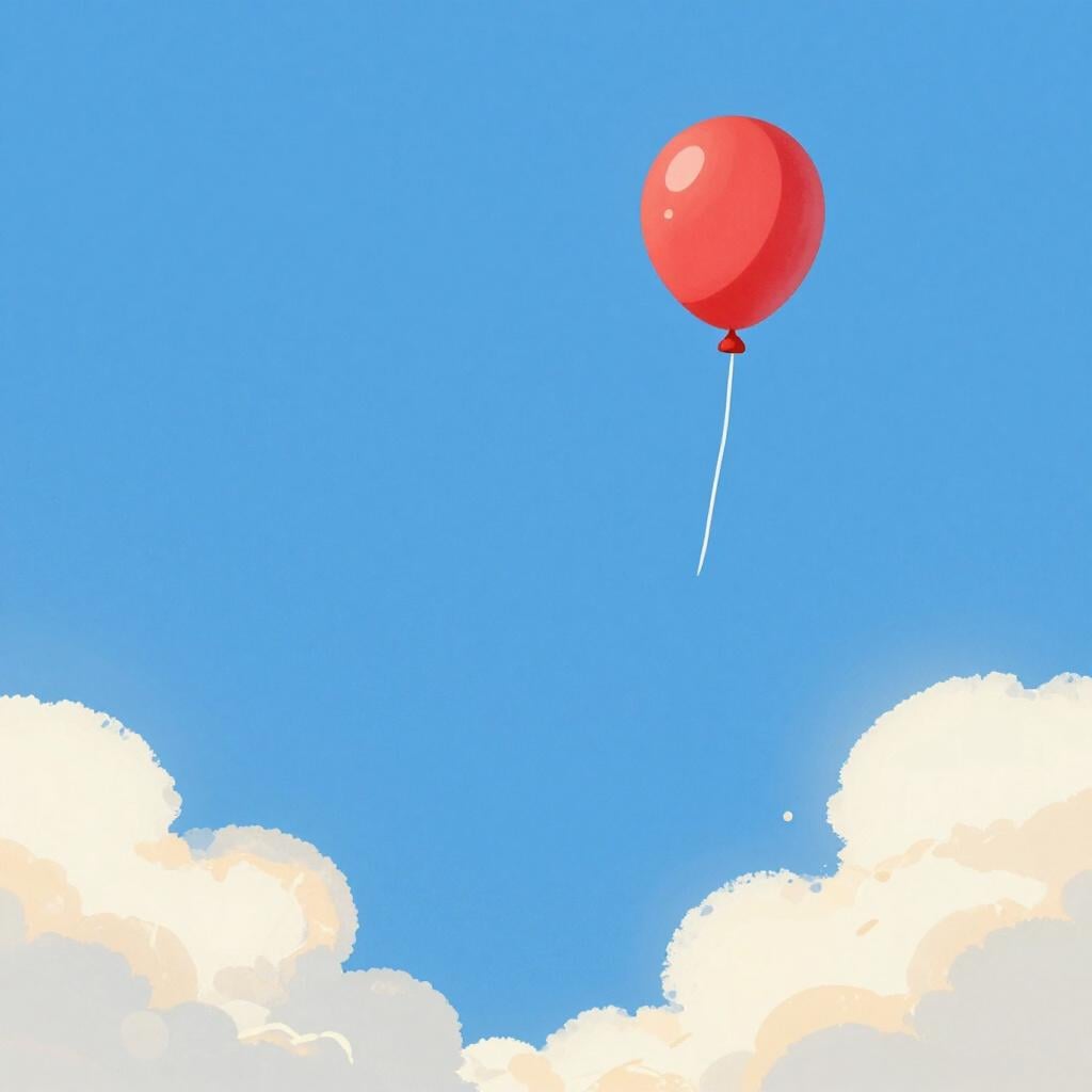 A child chasing a red balloon that is floating away quickly into the distance.