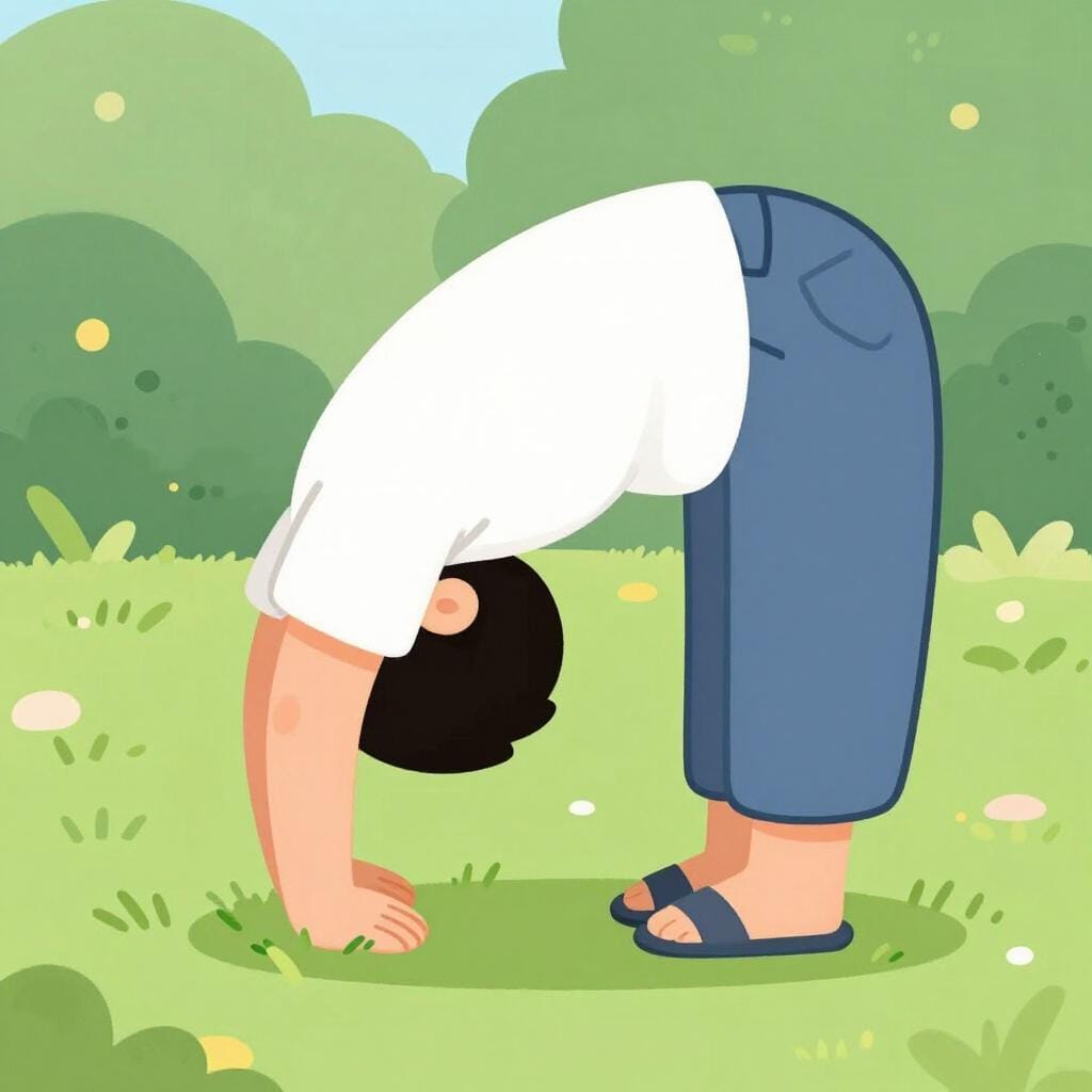 A person bowing deeply with their head down and hands at their sides in a gesture of respect.