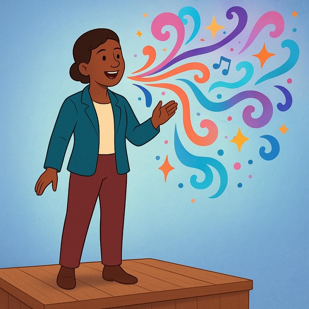 A storybook illustration of a person standing on a small stage, speaking confidently. Abstract, vibrant, swirling colors flow visibly from their mouth, symbolizing the articulation of thoughts.
