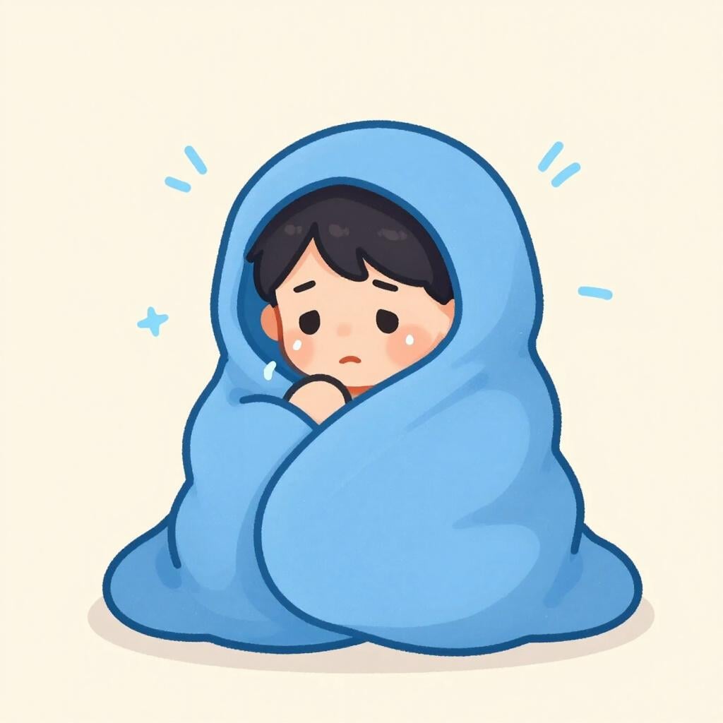 A child wrapped in a thick blue blanket, their body slightly hunched and shoulders raised to show they are shivering from a chill.