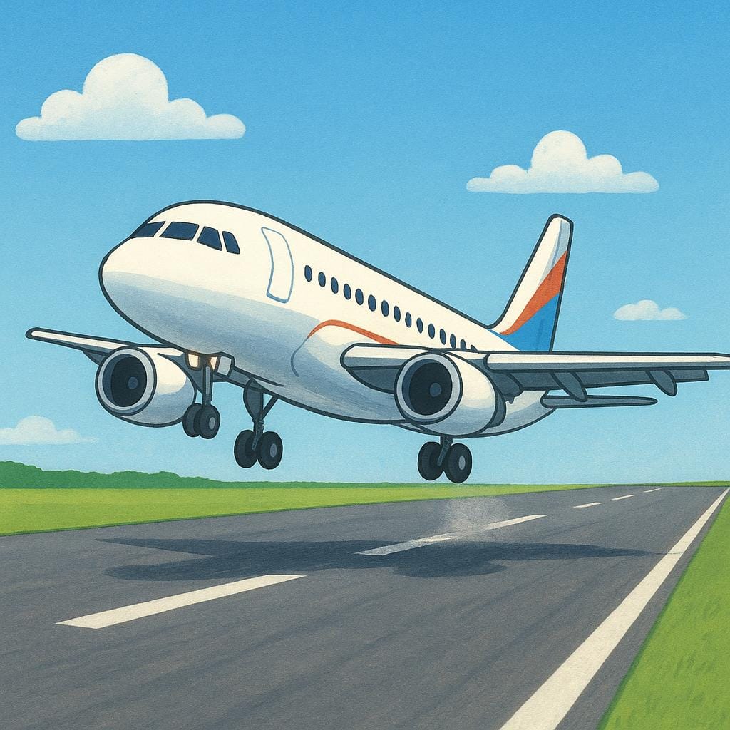 A simple, colorful storybook illustration showing a large commercial airplane touching down on a long runway, illustrating the moment the aircraft reaches the ground.