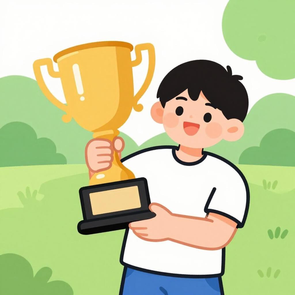 A person holding a large, shiny golden trophy while standing in a lush green garden.