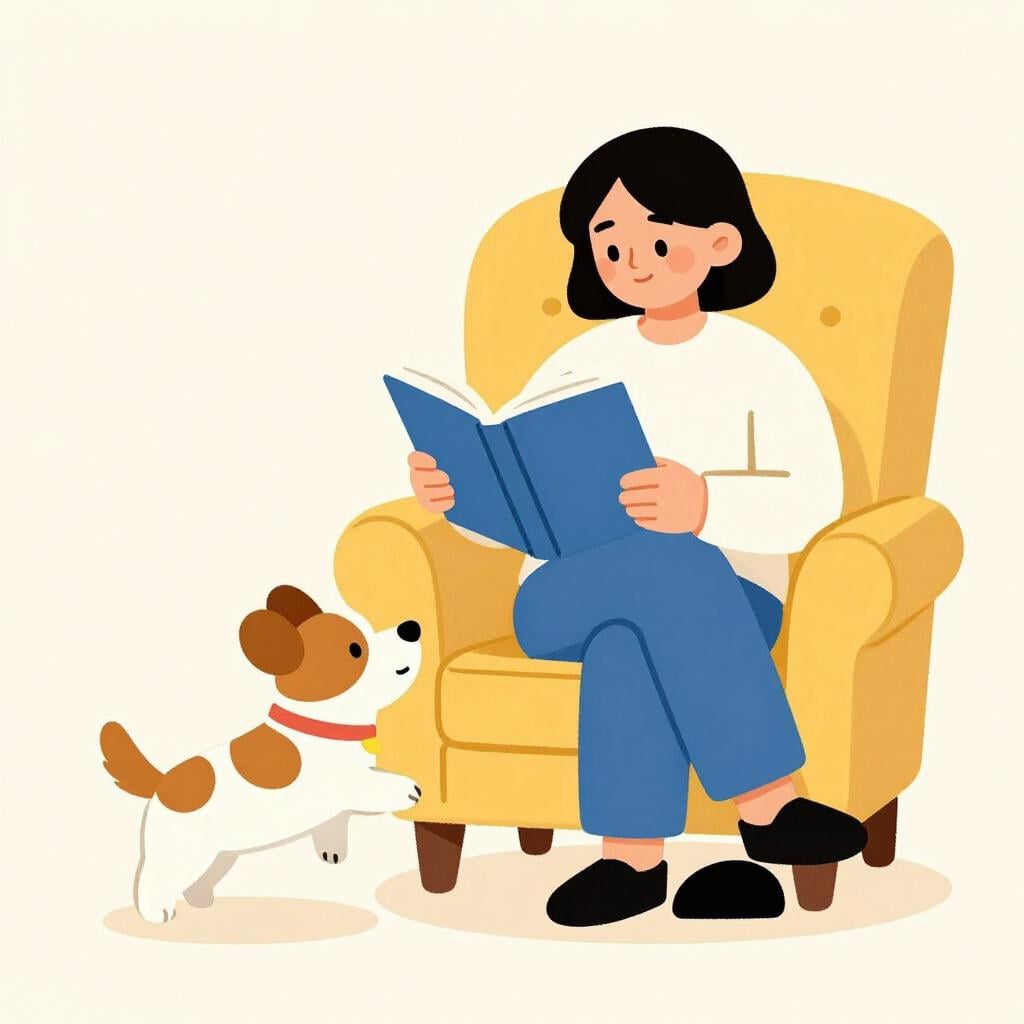 Uma pessoa tentando ler um livro enquanto um cachorro pequeno e brincalhão pula e late para ela.