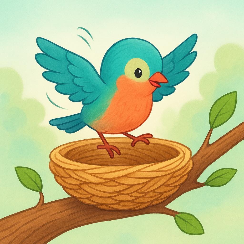 A small, colorful bird completing its journey, settling gently into a cozy nest built on a tree branch, representing the action of having returned.
