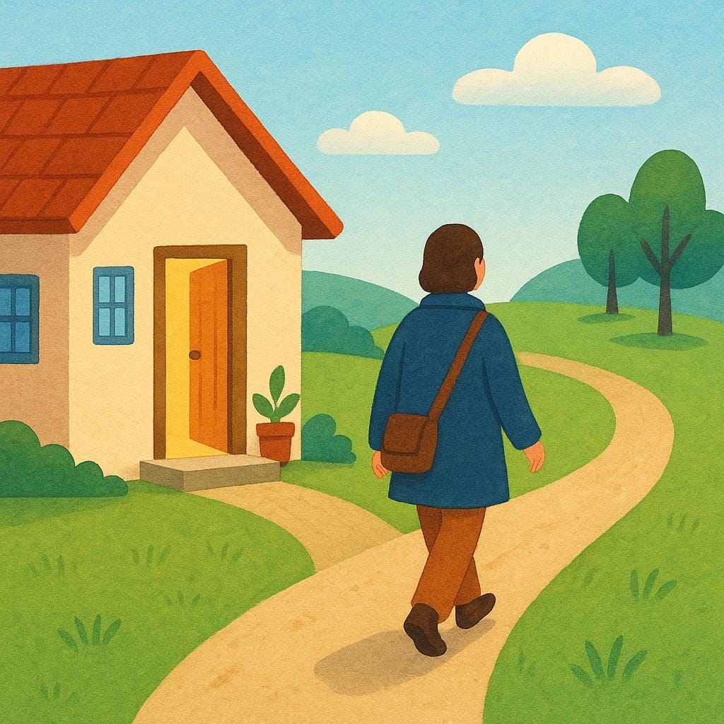 A person holding a small bag is stepping out of a brightly lit doorway onto a path, looking over their shoulder as they depart.