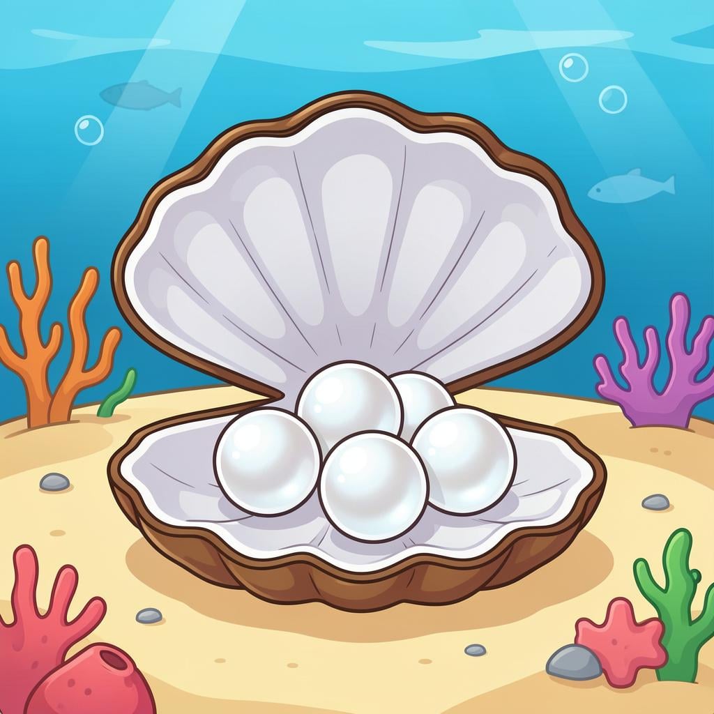 A collection of shiny white round pearls resting inside a large open oyster shell on a sandy seabed.