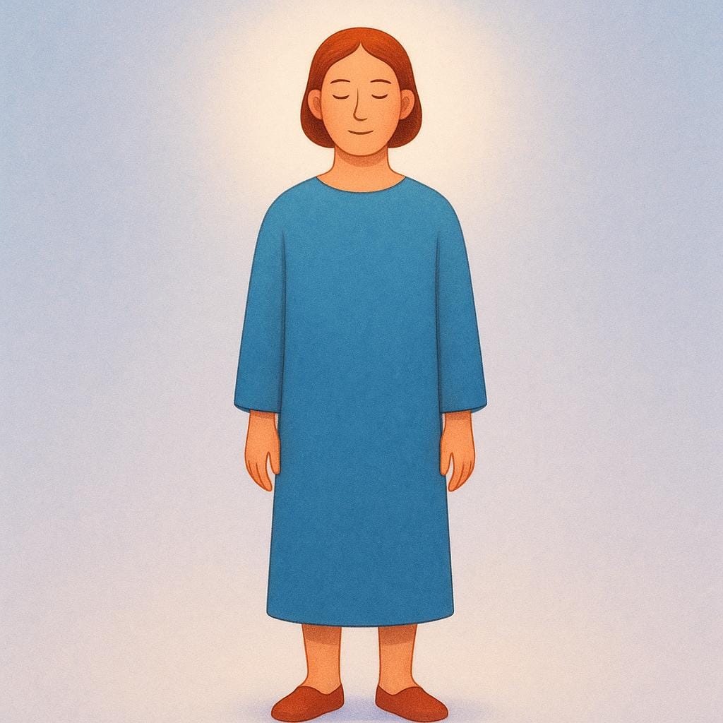 A storybook illustration of an adult standing upright and centered, radiating calm confidence and self-respect, illuminated by a soft glow.