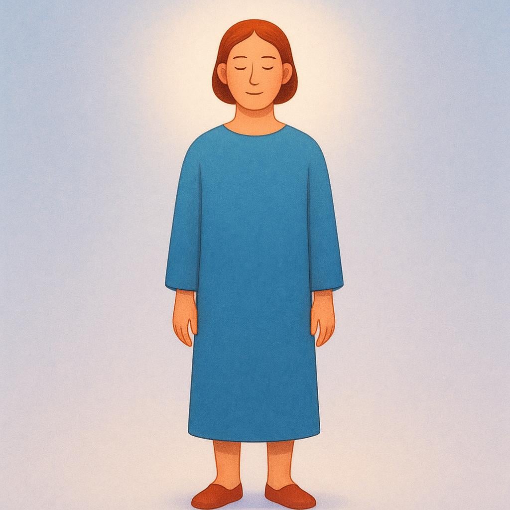 A storybook illustration of an adult standing upright and centered, radiating calm confidence and self-respect, illuminated by a soft glow.