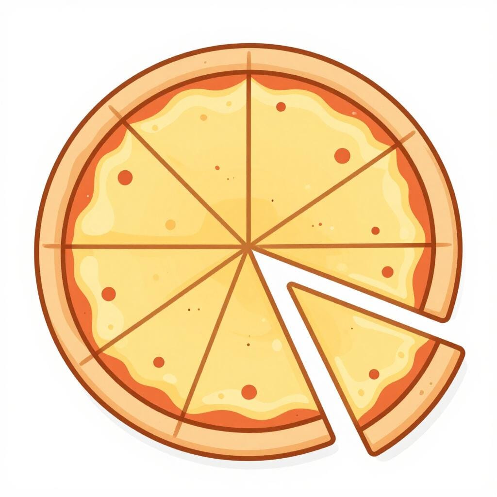 A round pizza cut into eight equal slices, with one slice being pulled away from the rest.