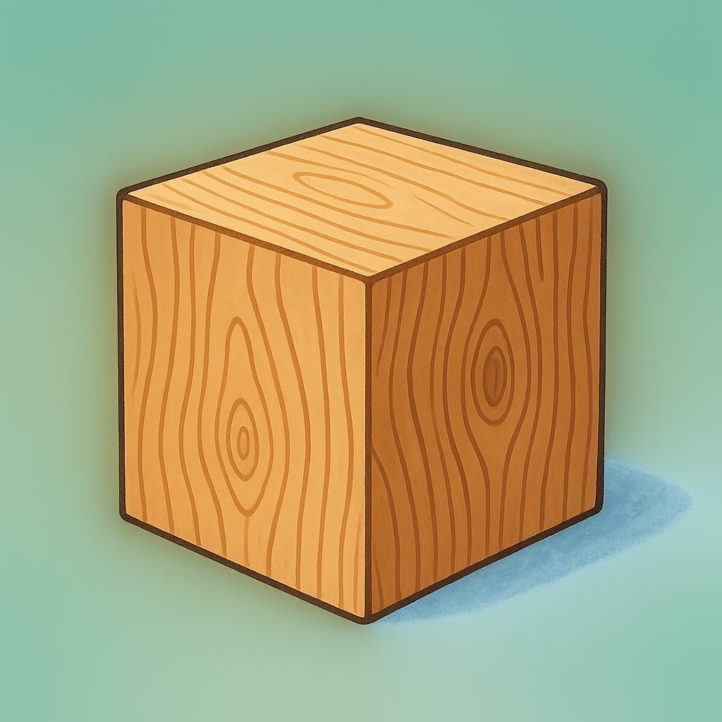 A heavy wooden cube resting on a plain background.