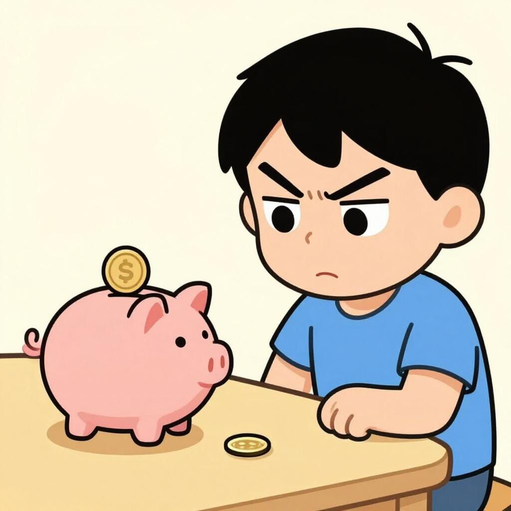 A person looking at a small gold coin through a magnifying glass while holding a large empty piggy bank.