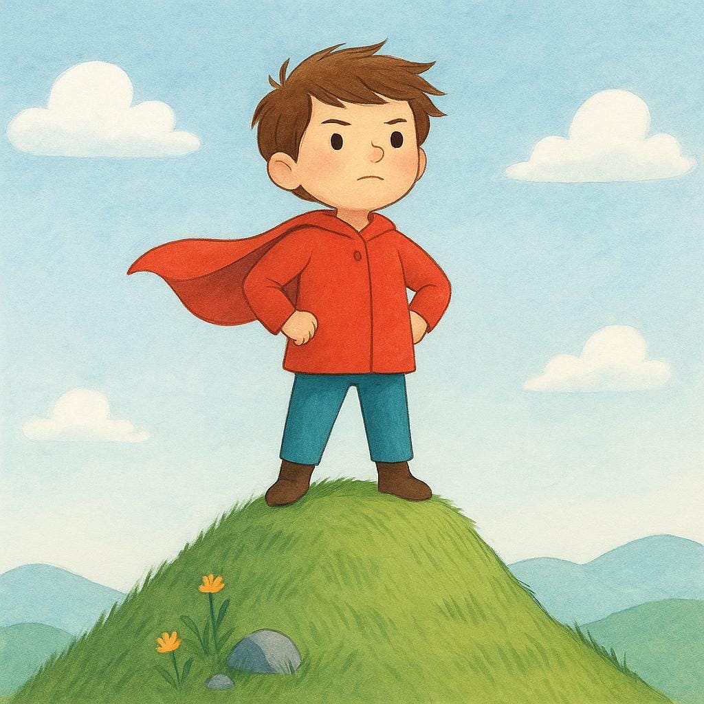 A determined young person standing confidently at the top of a steep, small hill, having just reached the peak, showing resolve.
