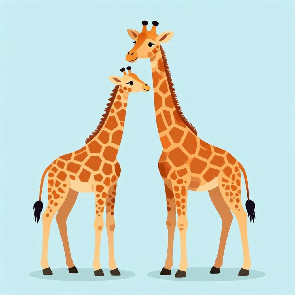 Uma girafa adulta alta e uma girafa bebé pequena mostrando o mesmo padrão de pintas.