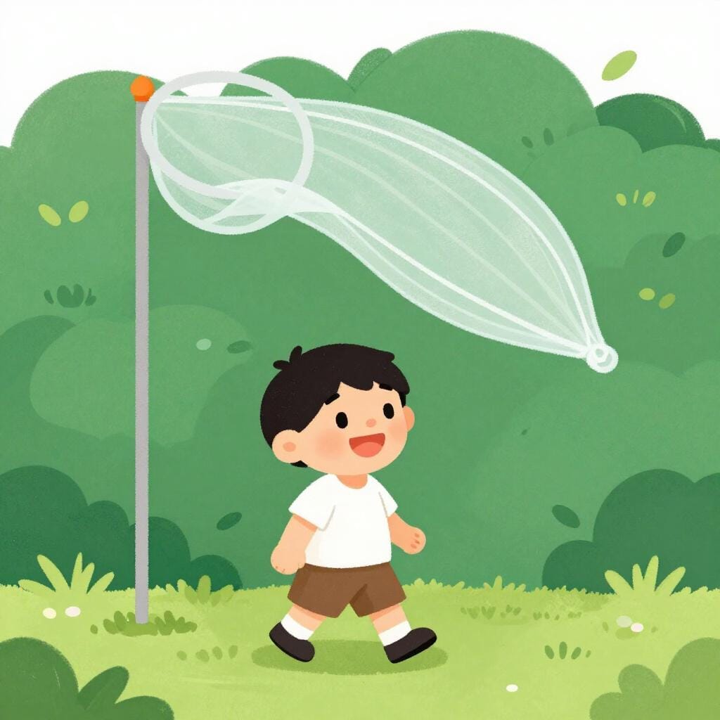 Un personnage aux yeux écarquillés et souriant marchant vers une épuisette géante tenue par une silhouette cachée derrière un buisson.