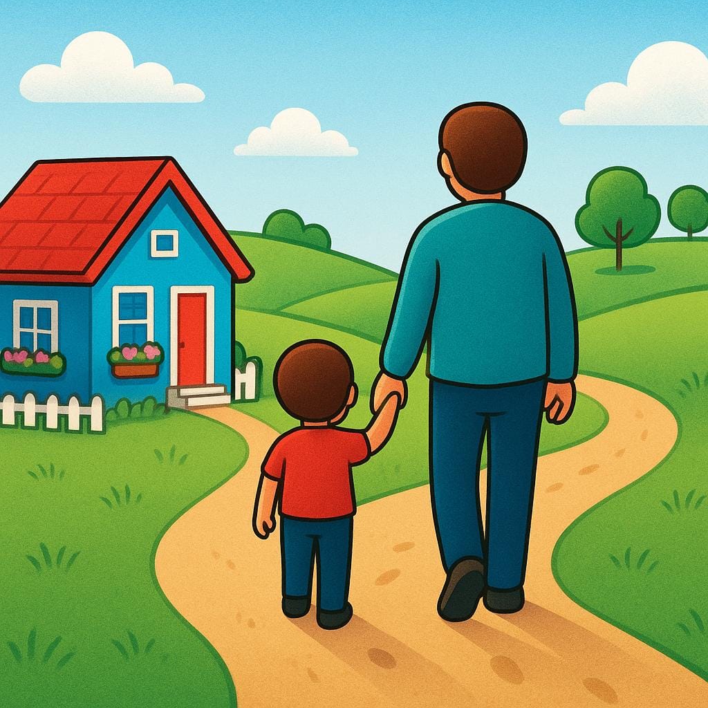 Due piccole figure con zaini che camminano lungo un sentiero sterrato tortuoso lontano da un cottage dai colori vivaci, che simboleggia la partenza.