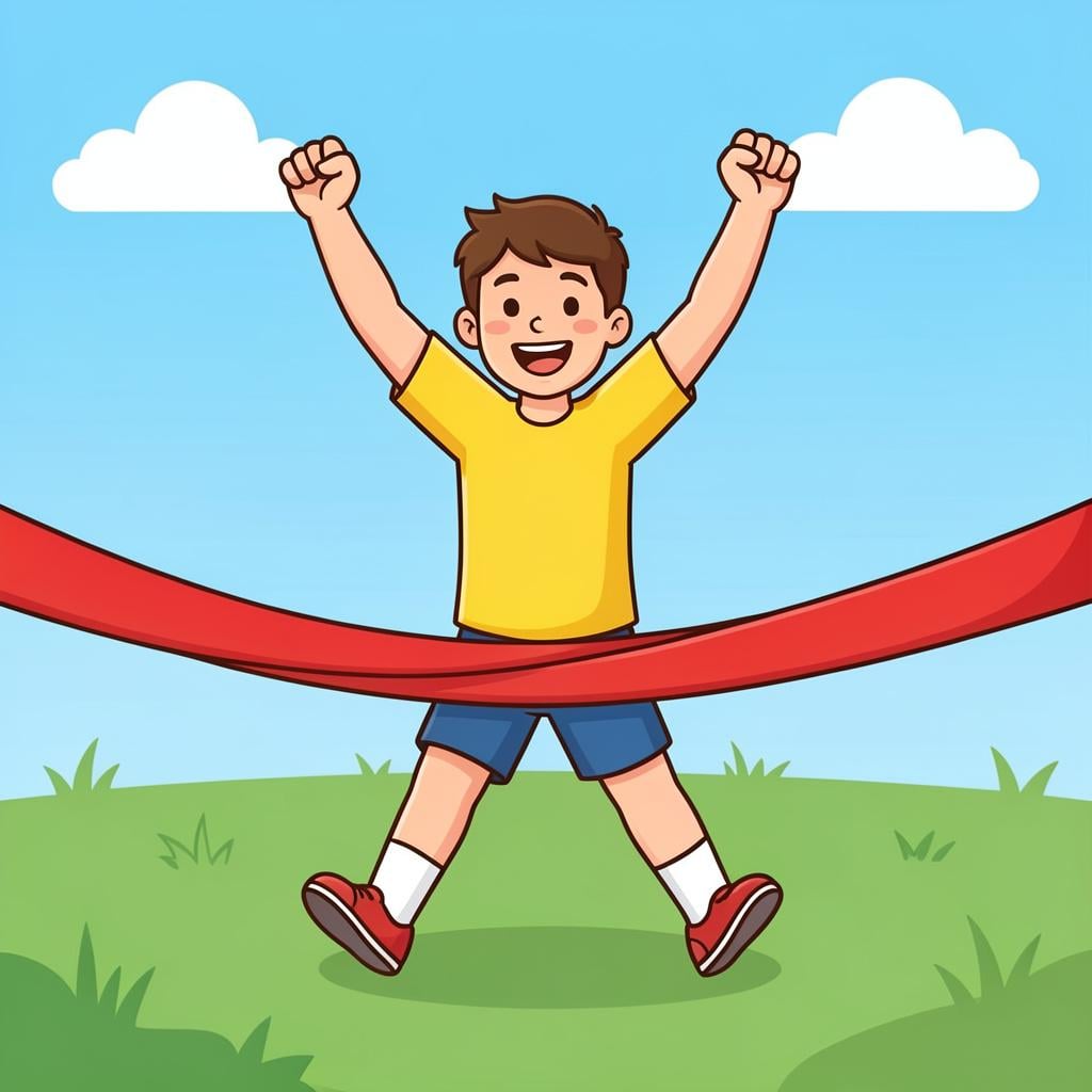 A happy character successfully crossing a finish line with arms raised in joy.