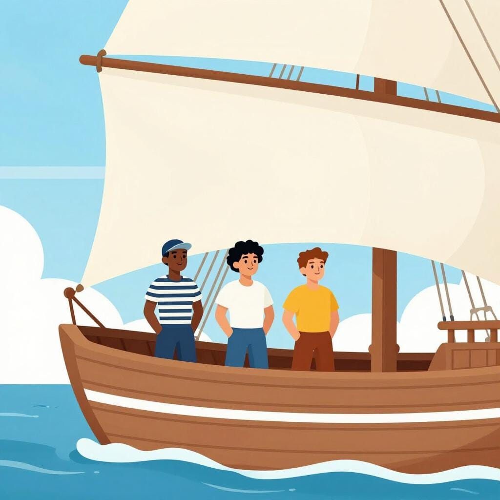 A colorful storybook illustration of a group of sailors in striped shirts standing in a line on the wooden deck of a ship.