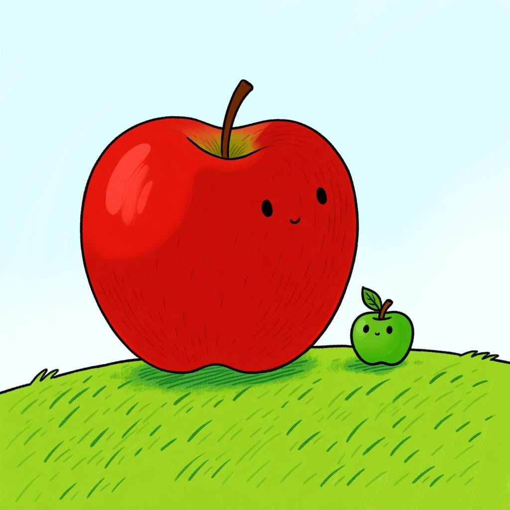 A high quality storybook illustration showing a massive, round red apple next to a tiny, green apple on a grassy hill, emphasizing the concept of 'big'.