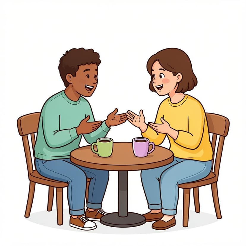 Two people sitting at a round table leaning in to talk to each other.