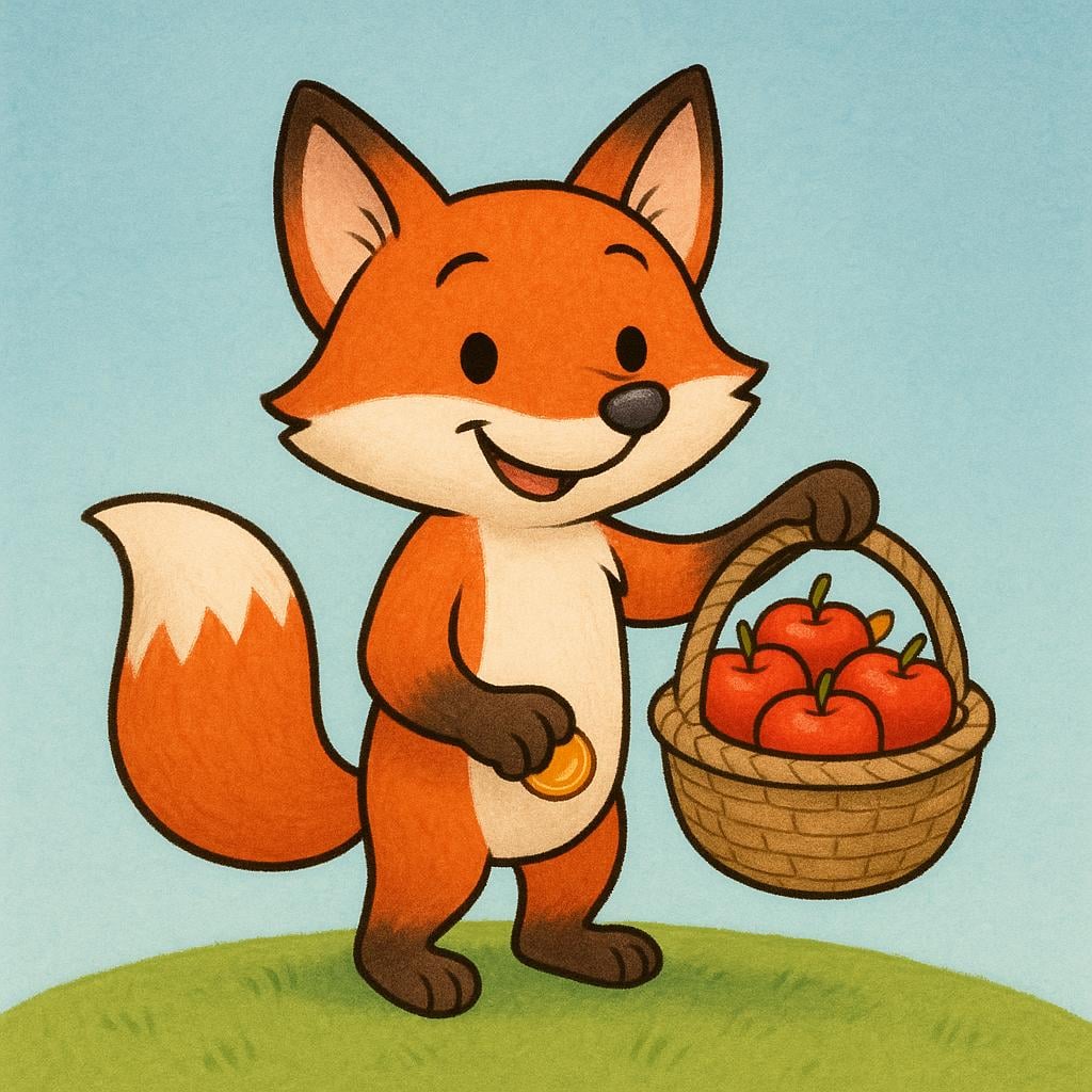 A friendly cartoon fox offering a basket of apples with one hand, while subtly hiding a shiny gold coin behind its fluffy tail with the other, illustrating a hidden motive.