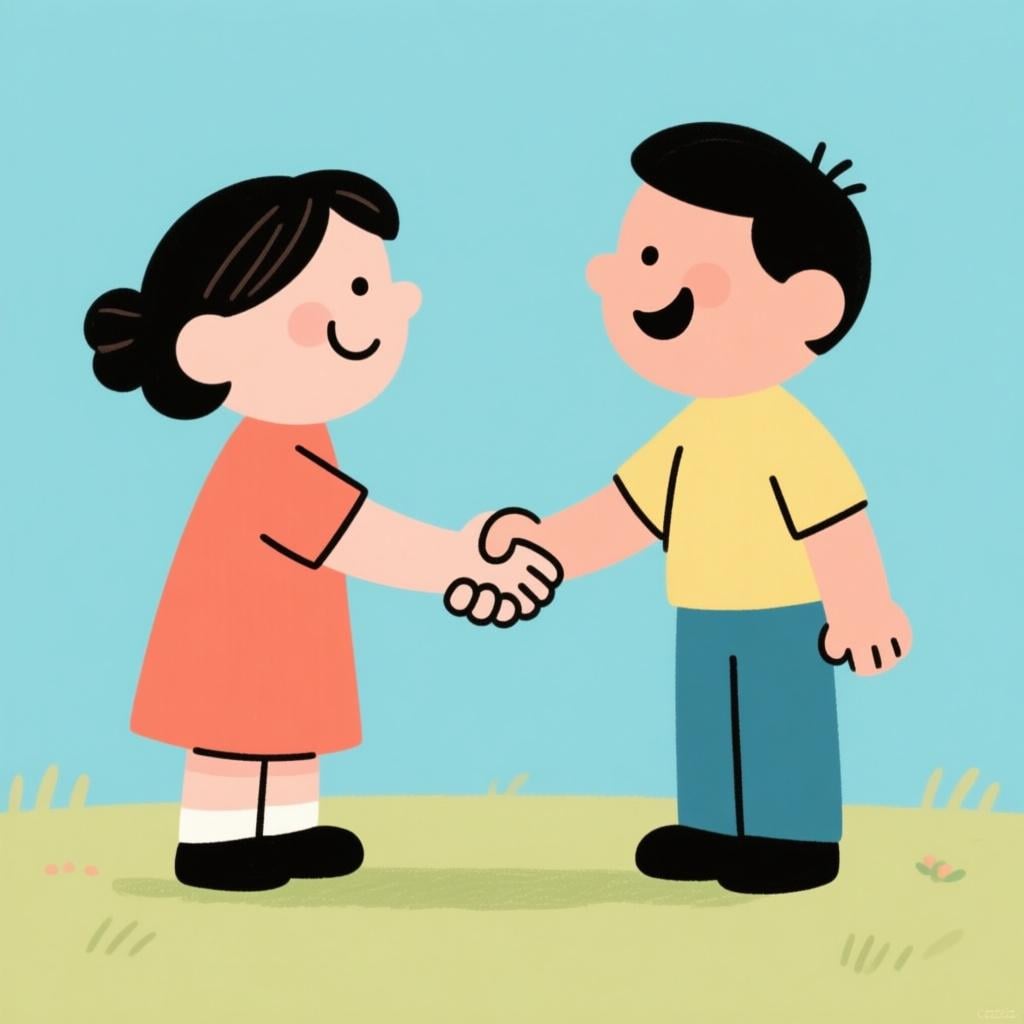 Two distinct people standing face-to-face, smiling and shaking hands firmly, signifying a first meeting.