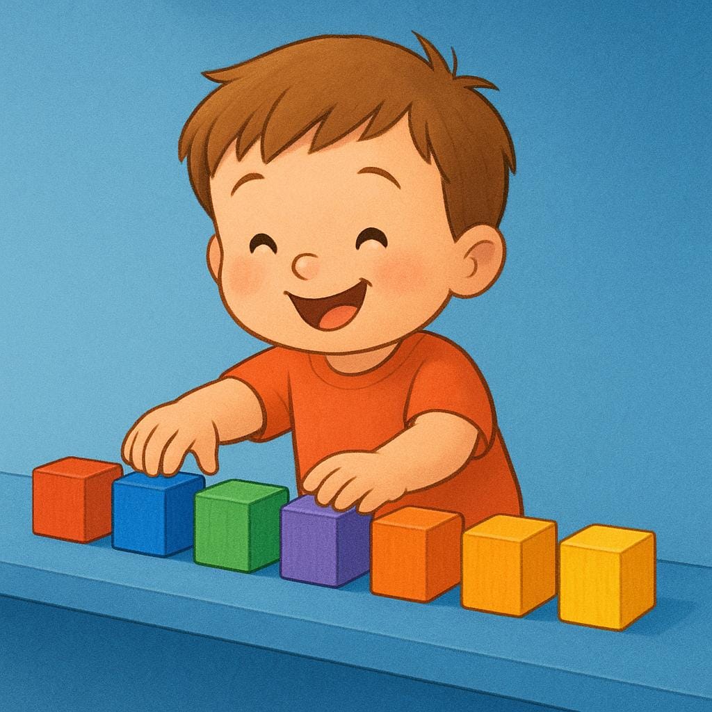 Un bambino che sistema con gioia blocchi di legno colorati in una fila perfettamente dritta su uno scaffale blu pulito, dimostrando organizzazione.