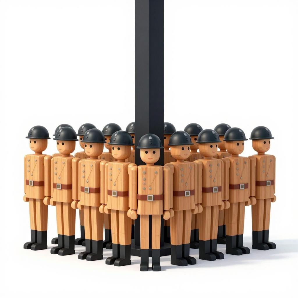 Uma fila de figuras idênticas e rígidas em perfeito alinhamento forçado sob uma única sombra grande e imponente.