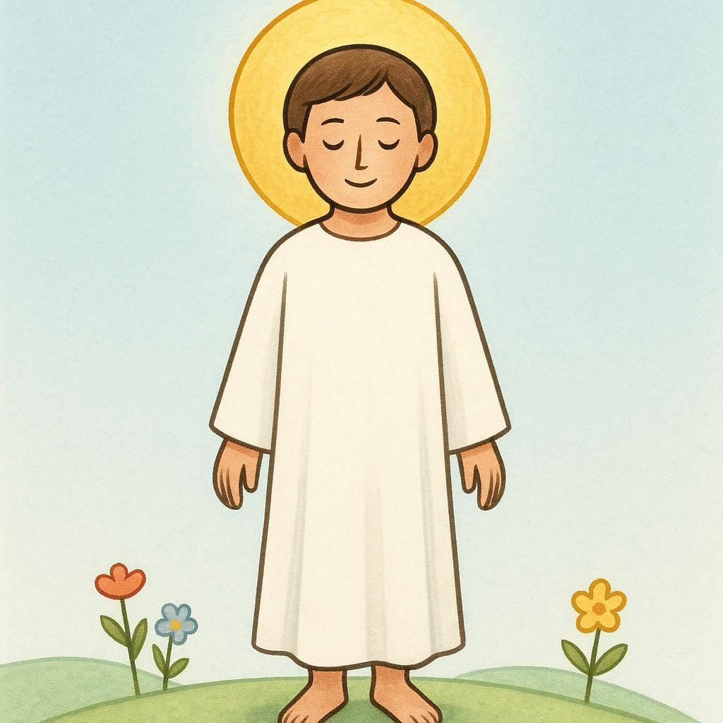 A stylized illustration of a person wearing a simple robe and bearing a prominent golden halo above their head, representing a saint.