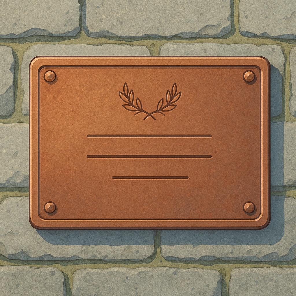 A small, rectangular, bronze-colored plaque affixed to a stone wall, symbolizing a commemoration.