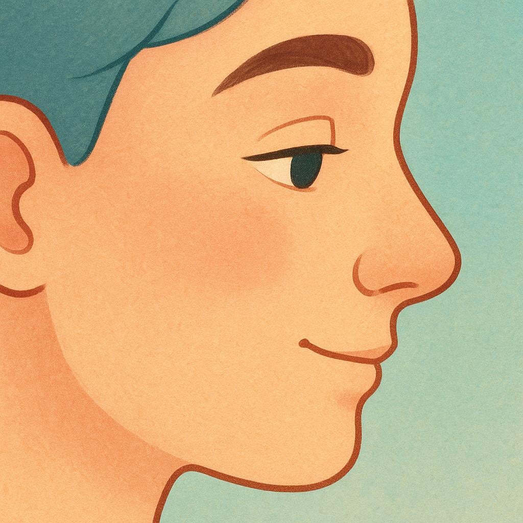 A close-up illustration of a face conveying a specific emotion, showing soft, gentle eyes and a slight smile, representing the expression or manner of looking.
