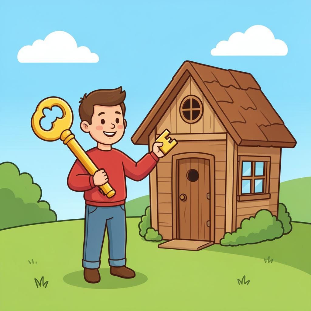 A person standing next to a 'For Rent' sign shaped like a house, handing a key to a new tenant.