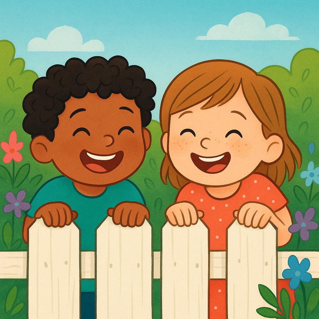 Two young children with playful expressions hiding behind a wooden fence.