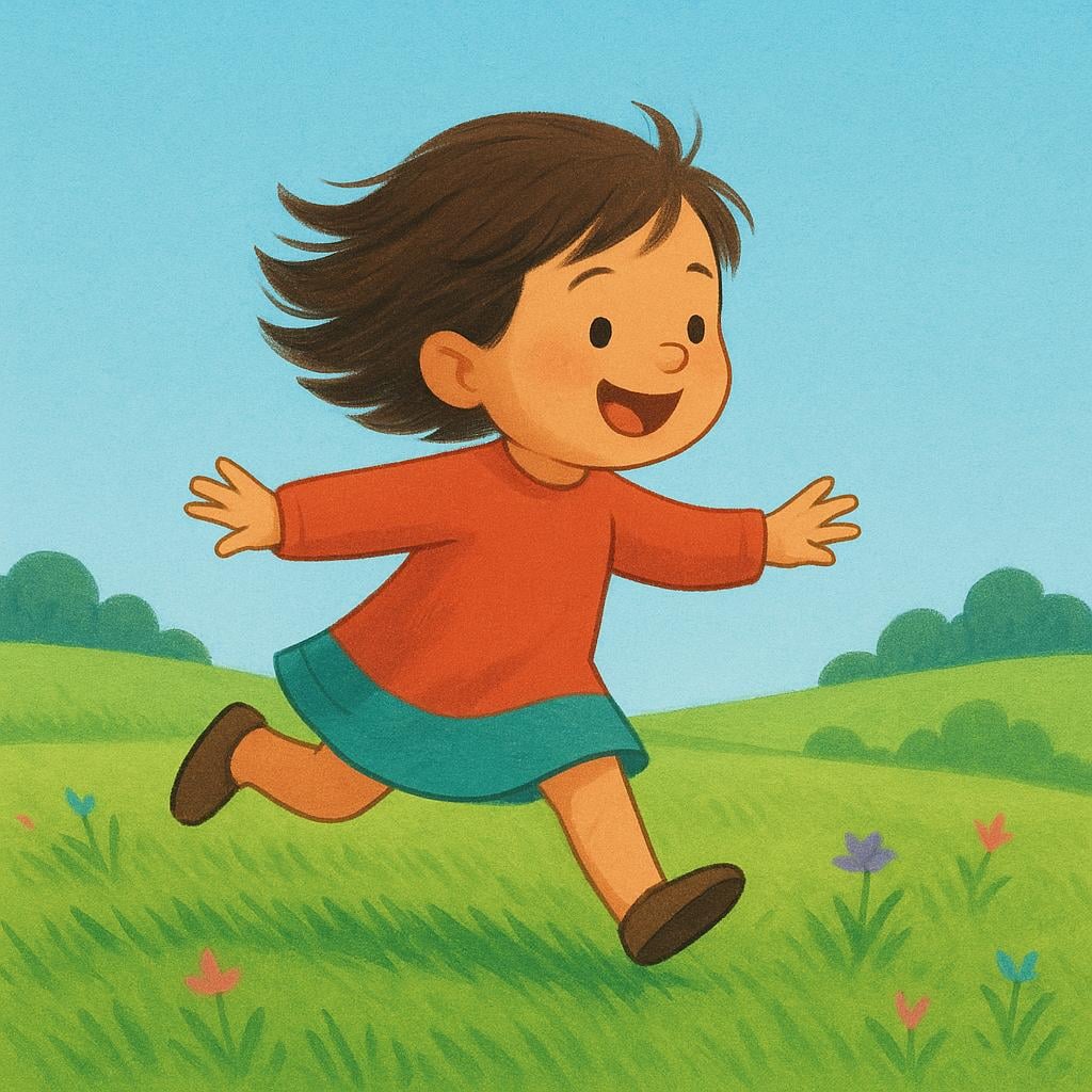 A storybook illustration showing a child running quickly across a field.