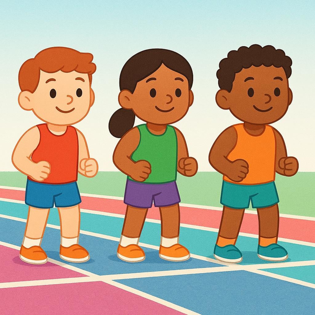 Three cartoon runners standing at a brightly colored starting line, poised to sprint forward, indicating the initiation of an activity.