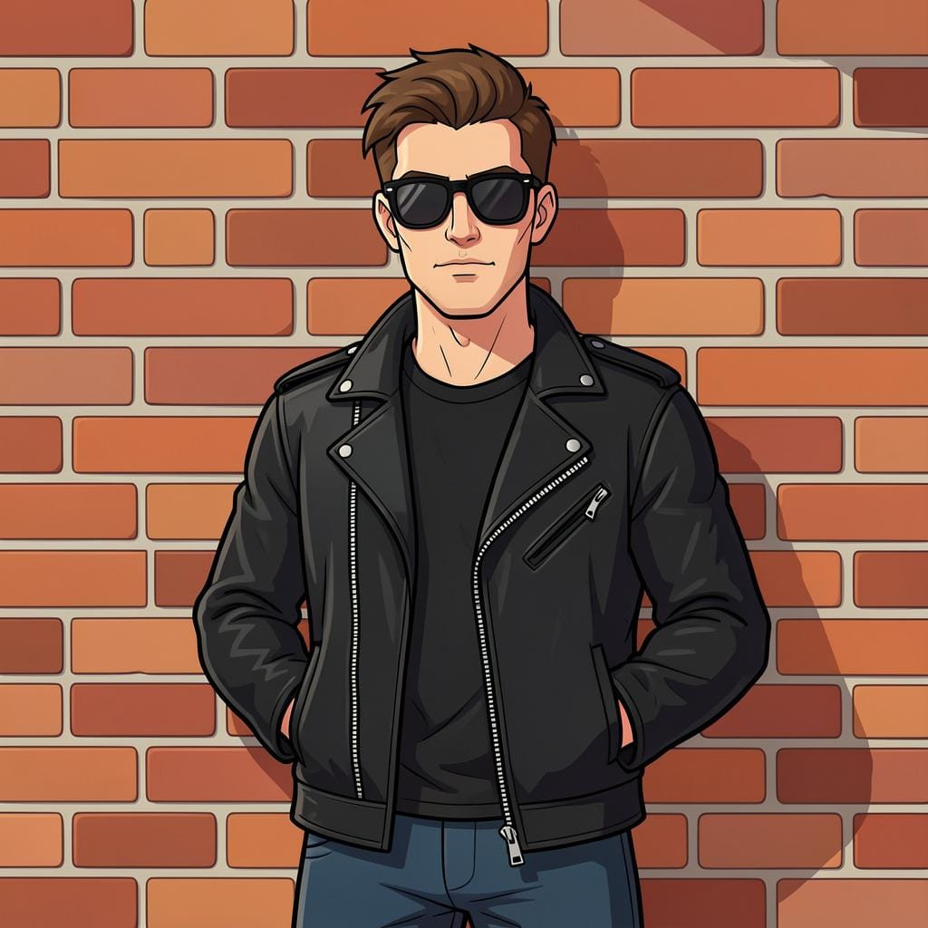 A man with a leather jacket, dark sunglasses, and a stern, tough expression.