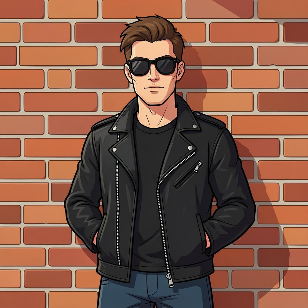 A man with a leather jacket, dark sunglasses, and a stern, tough expression.