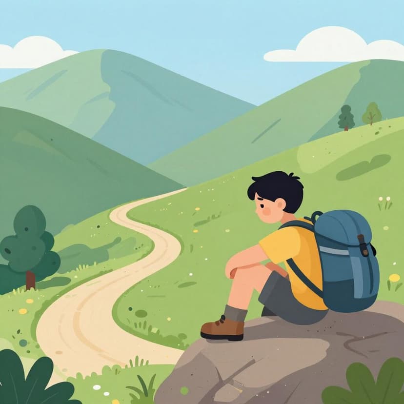 A hiker sitting on a rock, looking back at a steep mountain trail with their backpack on the ground.