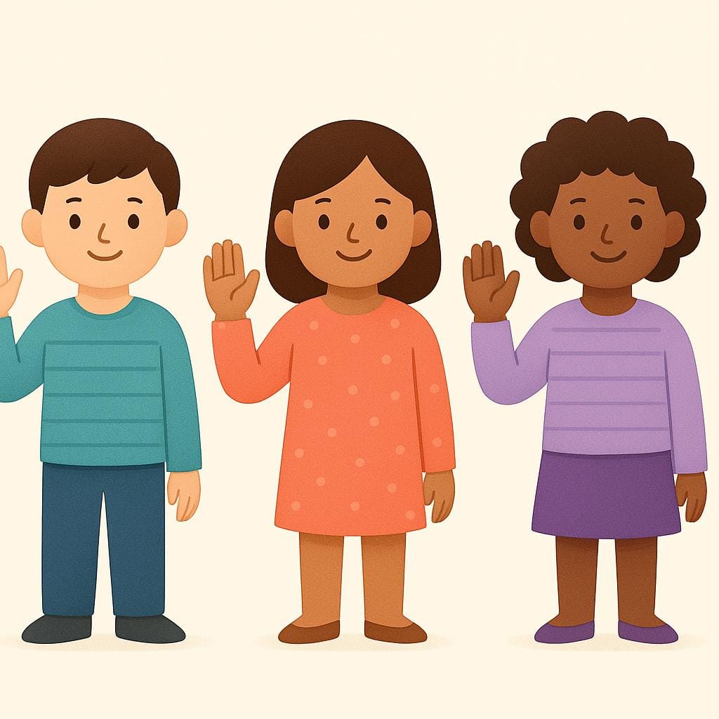 Three identical cartoon figures standing side-by-side, all performing the same simple hand gesture, illustrating social norms.