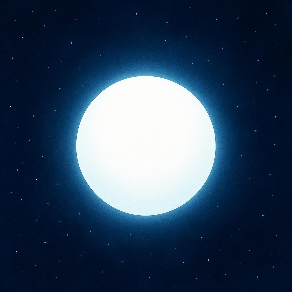 A brilliant, self-contained sphere of soft, radiant white light floating in a deep, dark blue, starless void, representing ultimate reality.