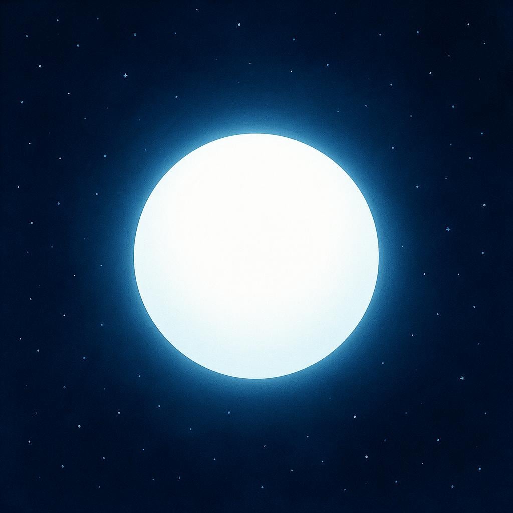 A brilliant, self-contained sphere of soft, radiant white light floating in a deep, dark blue, starless void, representing ultimate reality.