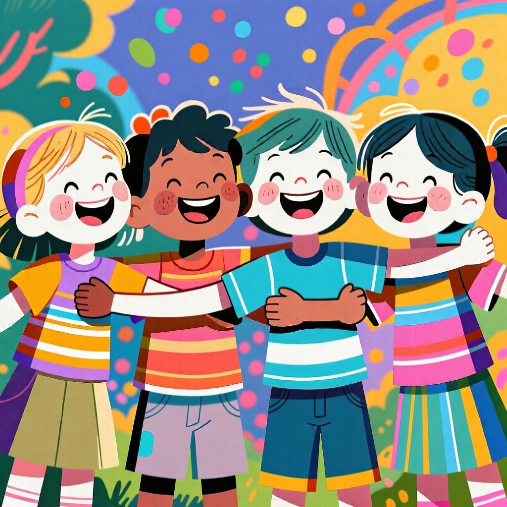 A group of four diverse children standing together, linked arm-in-arm, smiling brightly to symbolize unity and shared identity.