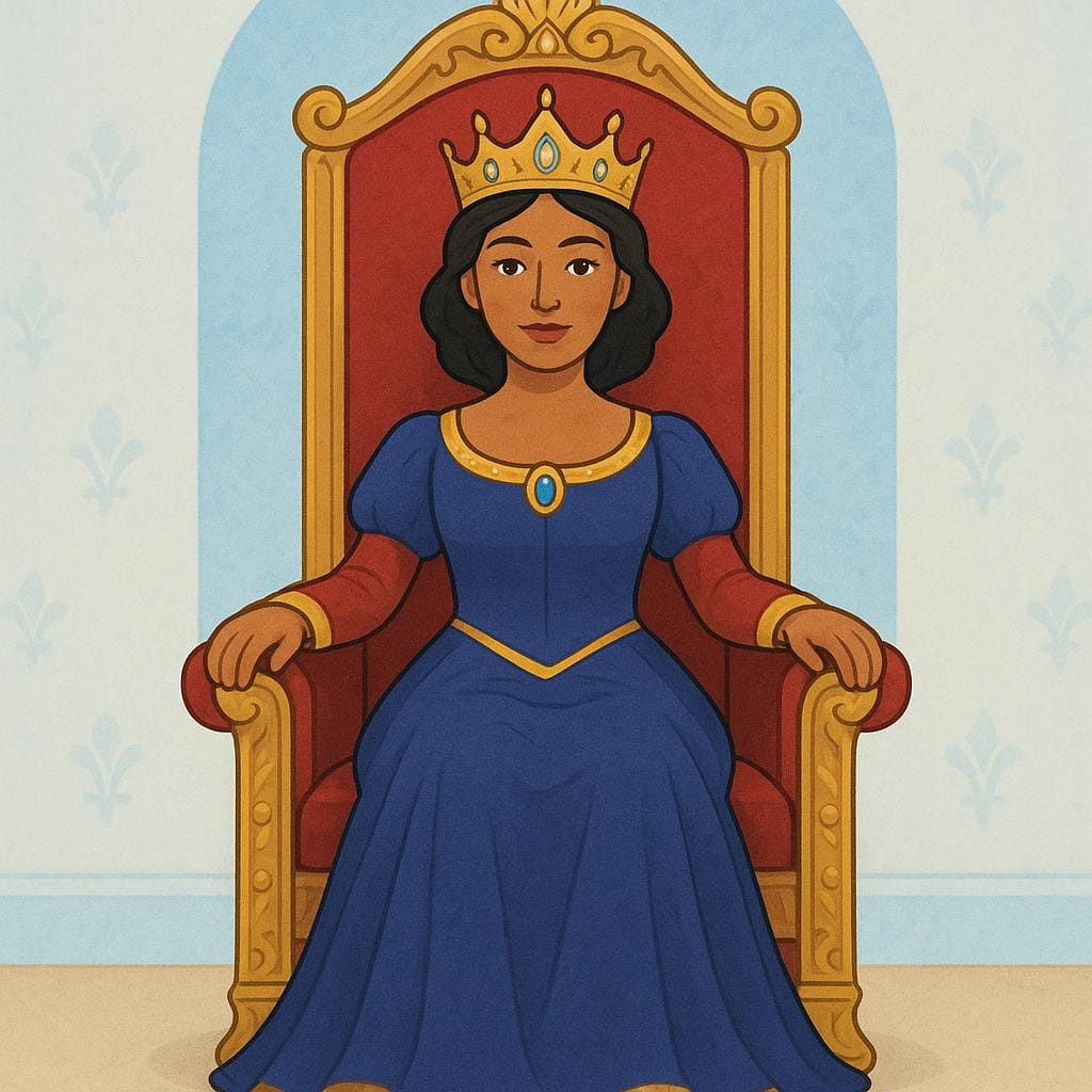 Una donna maestosa che indossa una corona d'oro e un abito regale, seduta su un trono rosso ornato.